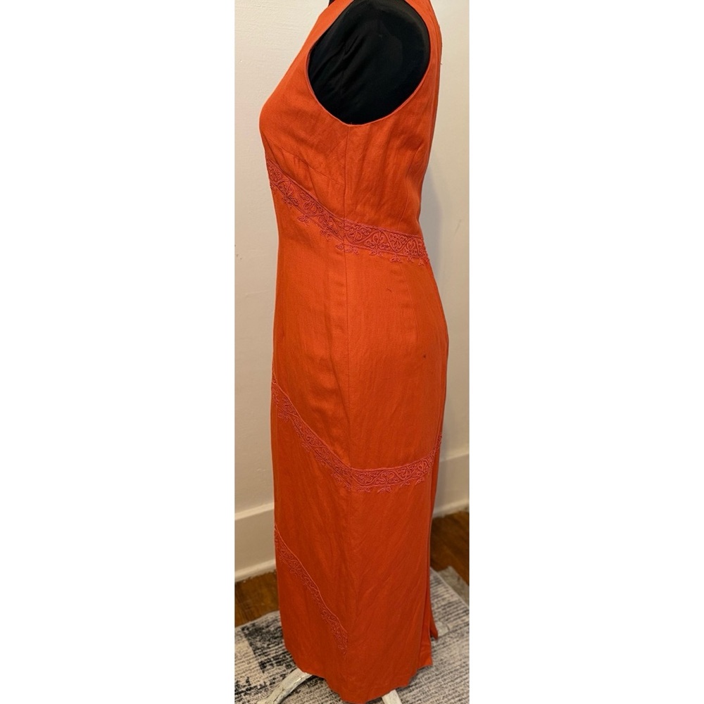90’s Vintage ‘Donna Morgan’ Orange Linen Blend Sleeveless Sheath Maxi Dress - Picture 4 of 10
